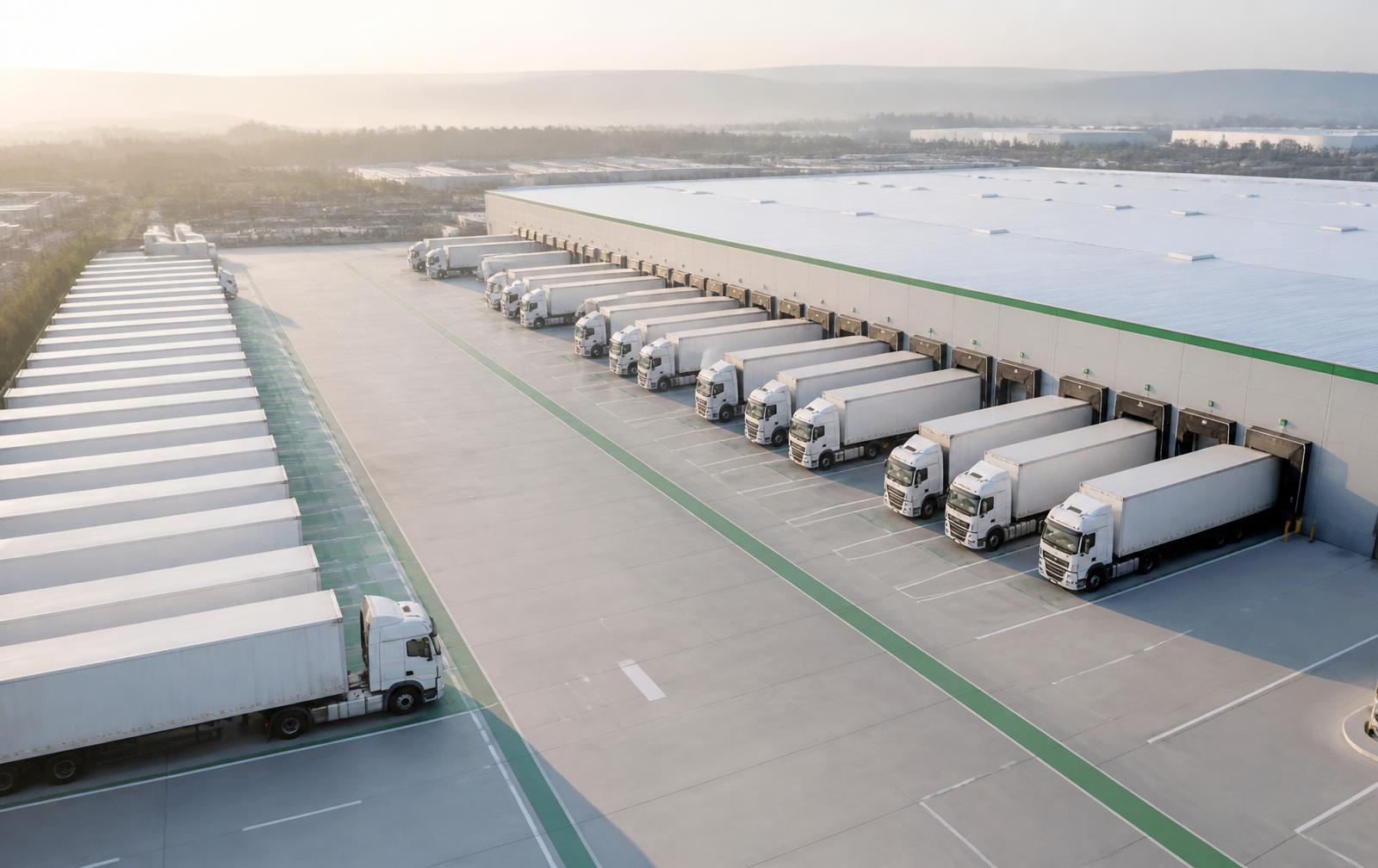 Aerial view of a modern distribution centre yard with lorries docked at loading bays